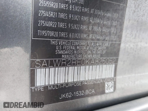 2019 Land Rover Range Rover Sport Dynamic with VIN SALWR2RE0KA825052, listed as a IAAI auction lot 41678014 with 56,814 mi miles. Bid and sale history available at carsss.com. Image 9.