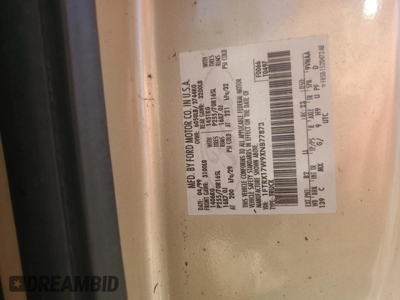 1999 Ford F-150 with VIN 1FTRX17W9XNB77873, listed as a Copart auction lot 52851065 with Not provided miles and Salvage title. Bid and sale history available at DreamBid. Image 12.