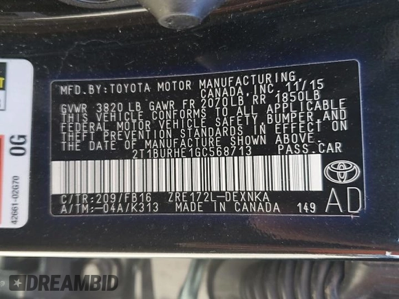 2016 Toyota Corolla L with VIN 2T1BURHE1GC568713, listed as a Copart auction lot 57652245 with 66,816 mi miles and Salvage title. Bid and sale history available at DreamBid. Image 13.