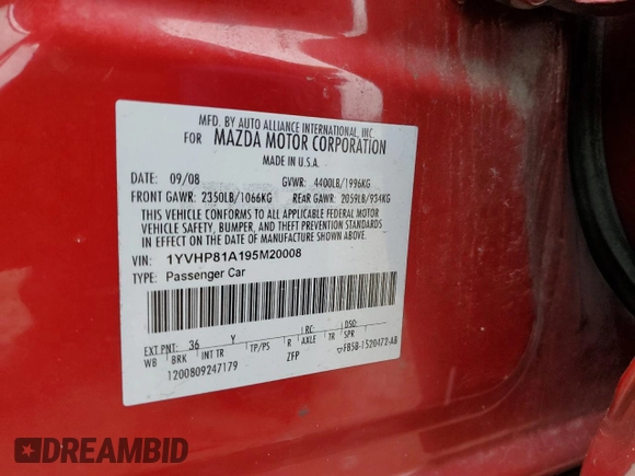 2009 Mazda 6 i Sport with VIN 1YVHP81A195M20008, listed as a Copart auction lot 44801775 with 182,242 mi miles and Salvage Title. Bid and sale history available at carsss.com. Image 14.