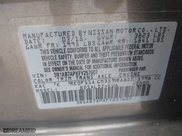 2015 Nissan Sentra S with VIN 3N1AB7APXFY257607, listed as a IAAI auction lot 42092433 with 90,157 mi miles. Bid and sale history available at carsss.com. Image 9.