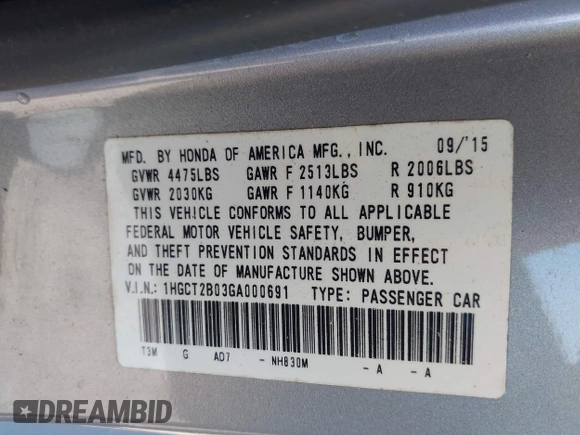 2016 Honda Accord Touring with VIN 1HGCT2B03GA000691, listed as a IAAI auction lot 42009414 with 70,306 mi miles and . Bid and sale history available at DreamBid. Image 9.