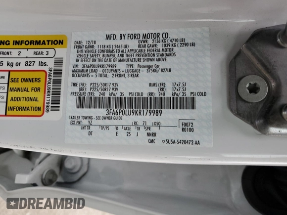 2019 Ford Fusion Hybrid SE with VIN 3FA6P0LU9KR179989, listed as a Copart auction lot 71063802 with 71,245 mi miles. Bid and sale history available at carsss.com. Image 12.