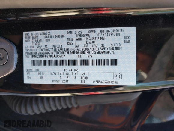 2022 Ford Escape S with VIN 1FMCU9F67NUA05967, listed as a Copart auction lot 48883085 with 55,799 mi miles and Salvage title. Bid and sale history available at DreamBid. Image 13.