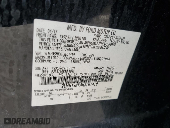 2017 Lincoln MKT with VIN 2LMHJ5NK4HBL01419, listed as a Copart auction lot 53035835 with 302,071 mi miles and Salvage Title. Bid and sale history available at DreamBid. Image 15.
