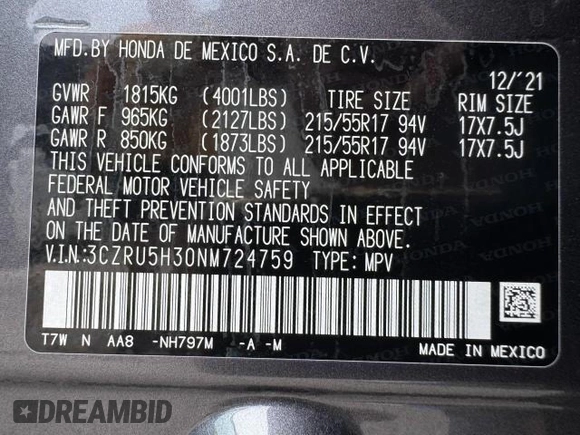 2022 Honda HR-V LX with VIN 3CZRU5H30NM724759, listed as a Copart auction lot 61826825 with 22,745 mi miles and Non repairable. Bid and sale history available at DreamBid. Image 15.
