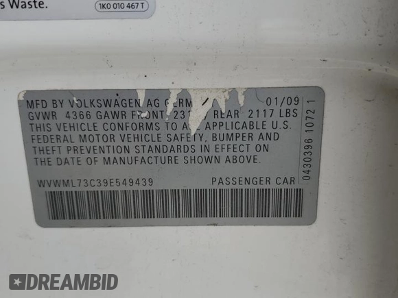 2009 Volkswagen CC Sport with VIN WVWML73C39E549439, listed as a Copart auction lot 70578094 with 123,890 mi miles and Salvage Title. Bid and sale history available at carsss.com. Image 14.
