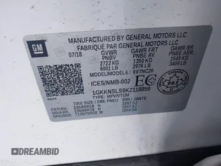 2019 GMC Acadia SLE with VIN 1GKKNSLS9KZ118859, listed as a IAAI auction lot 41306971 with 56,516 mi miles and . Bid and sale history available at DreamBid. Image 9.