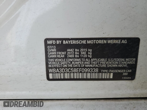 2014 BMW 3 Series 328d with VIN WBA3D3C58EF099338, listed as a Copart auction lot 42738925 with 157,696 mi miles and Salvage Title. Bid and sale history available at carsss.com. Image 12.
