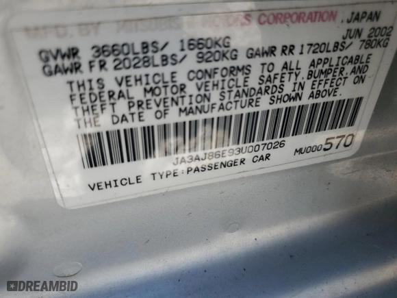 2003 Mitsubishi Lancer OZ-Rally with VIN JA3AJ86E93U007026, listed as a Copart auction lot 59156904 with 0 mi miles and Non Repairable. Bid and sale history available at carsss.com. Image 12.