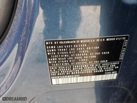 2019 Volkswagen Tiguan SE with VIN 3VV2B7AX8KM087297, listed as a Copart auction lot 53349265 with 69,337 mi miles and Salvage Title. Bid and sale history available at carsss.com. Image 13.