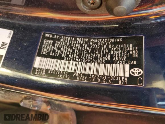 2021 Toyota Corolla LE with VIN 5YFEPMAE6MP230995, listed as a Copart auction lot 50618115 with 92,898 mi miles and Salvage Title. Bid and sale history available at carsss.com. Image 12.