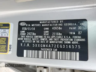 2014 Kia Optima LX z VIN 5XXGM4A72EG316575, wystawiony jako Copart lot #57855895 z przebiegiem 161 221 mil mil oraz Czysty tytuł • Clean title. Historia ofert i sprzedaży dostępna na DreamBid. Obrazek 12.