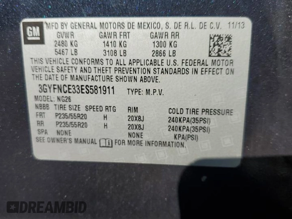 2014 Cadillac SRX Performance Collection with VIN 3GYFNCE33ES581911, listed as a Copart auction lot 88878445 with 158,194 mi miles and Salvage Title. Bid and sale history available at carsss.com. Image 13.