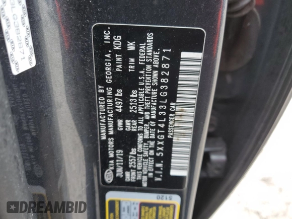 2020 Kia Optima LX with VIN 5XXGT4L33LG382871, listed as a Copart auction lot 47753285 with 111,090 mi miles and Salvage Title. Bid and sale history available at carsss.com. Image 13.