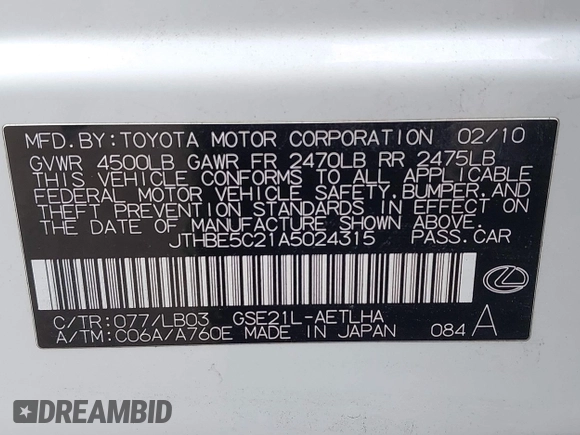 2010 Lexus IS 350 with VIN JTHBE5C21A5024315, listed as a IAAI auction lot 42185188 with 247,738 mi miles and . Bid and sale history available at DreamBid. Image 9.