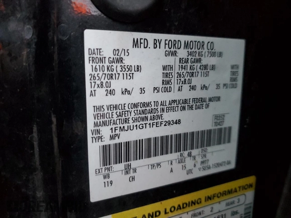 2015 Ford Expedition XL with VIN 1FMJU1GT1FEF29348, listed as a Copart auction lot 83088074 with 183,690 mi miles and Salvage title. Bid and sale history available at DreamBid. Image 13.