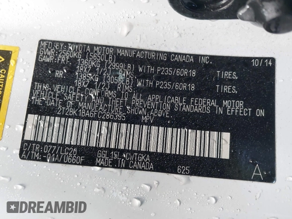 2015 Lexus RX 350 with VIN 2T2BK1BA6FC286395, listed as a IAAI auction lot 41309964 with Not provided miles and . Bid and sale history available at DreamBid. Image 9.