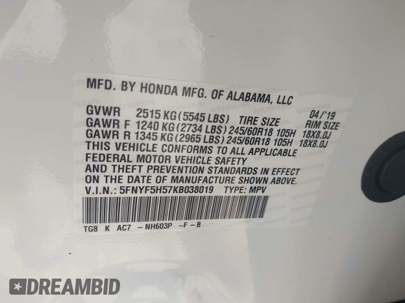 2019 Honda Pilot EX-L with VIN 5FNYF5H57KB038019, listed as a IAAI auction lot 41994410 with 126,738 mi miles and . Bid and sale history available at carsss.com. Image 9.