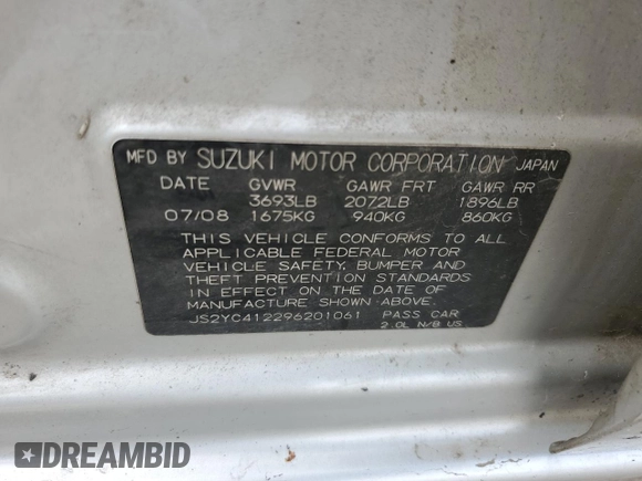 2009 Suzuki SX4 Man FWD with VIN JS2YC412296201061, listed as a Copart auction lot 79829224 with 206,335 mi miles and Salvage Title. Bid and sale history available at carsss.com. Image 12.