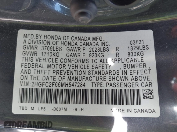 2021 Honda Civic Sedan LX with VIN 2HGFC2F66MH547284, listed as a IAAI auction lot 41811993 with 47,848 mi miles. Bid and sale history available at carsss.com. Image 9.