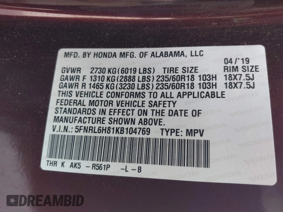 2019 Honda Odyssey Touring с VIN 5FNRL6H81KB104769, выставлен на аукционе IAAI как лот 42694506 с пробегом 108 143 миль миль и . История ставок и продаж доступна на DreamBid. Изображение 9.
