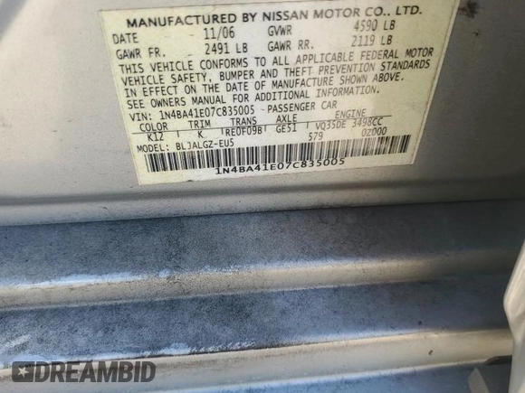 2007 Nissan Maxima 3.5 SL with VIN 1N4BA41E07C835005, listed as a Copart auction lot 49411815 with 204,406 mi miles and Salvage Title. Bid and sale history available at carsss.com. Image 14.