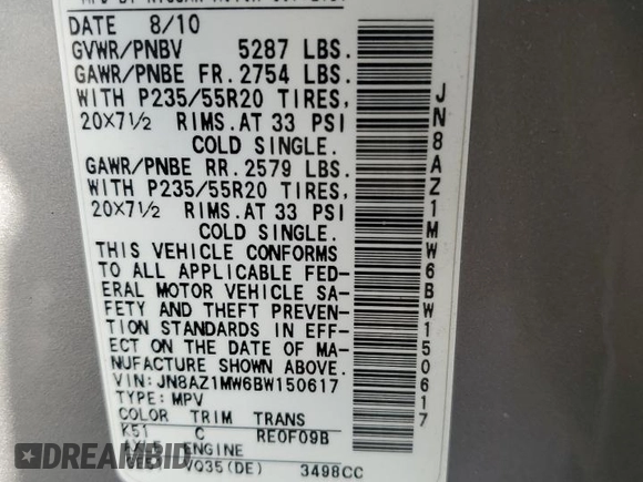 2011 Nissan Murano S z VIN JN8AZ1MW6BW150617, wystawiony jako Copart lot #71072404 z przebiegiem 165 077 mil mil oraz Szkoda całkowita • Salvage title. Historia ofert i sprzedaży dostępna na DreamBid. Obrazek 13.
