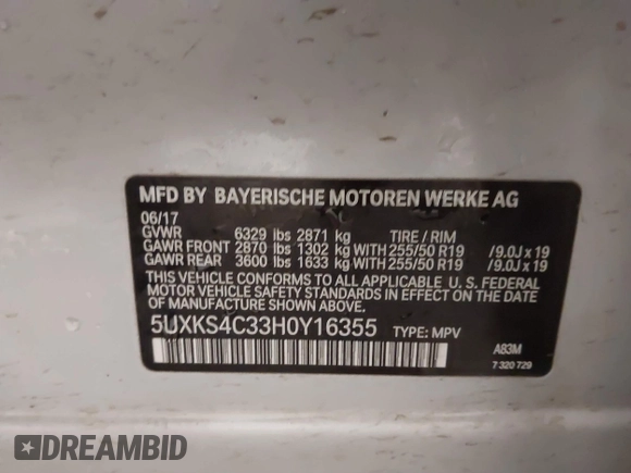 2017 BMW X5 xDrive35d with VIN 5UXKS4C33H0Y16355, listed as a IAAI auction lot 41392748 with 114,973 mi miles. Bid and sale history available at carsss.com. Image 9.