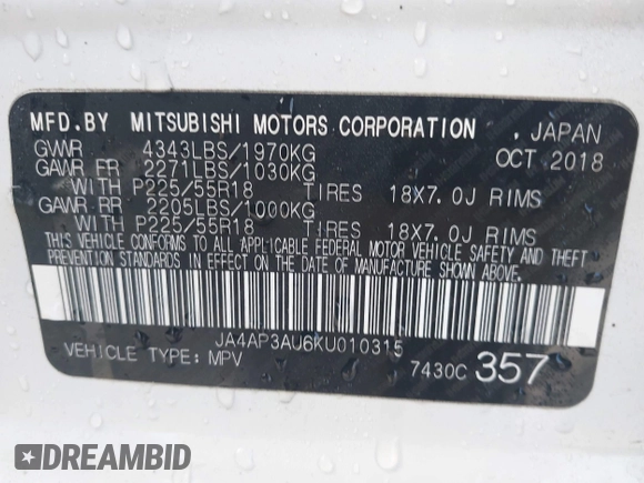 2019 Mitsubishi Outlander ES with VIN JA4AP3AU6KU010315, listed as a IAAI auction lot 41356268 with 41,531 mi miles and . Bid and sale history available at DreamBid. Image 9.