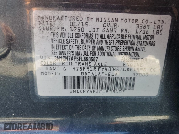2015 Nissan Versa SV with VIN 3N1CN7AP5FL893607, listed as a Copart auction lot 54623245 with 238,103 mi miles and Salvage title. Bid and sale history available at DreamBid. Image 12.