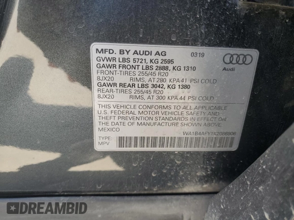 2019 Audi SQ5 Premium Plus with VIN WA1B4AFY1K2086906, listed as a Copart auction lot 71392894 with 111,327 mi miles and Salvage Title. Bid and sale history available at DreamBid. Image 15.