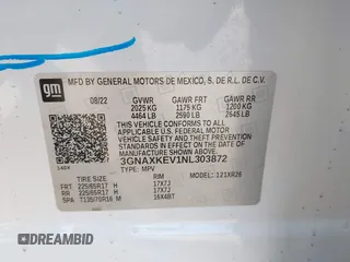 2022 Chevrolet Equinox LT with VIN 3GNAXKEV1NL303872, listed as a IAAI auction lot 41939671 with 39,729 mi miles and . Bid and sale history available at DreamBid. Image 9.