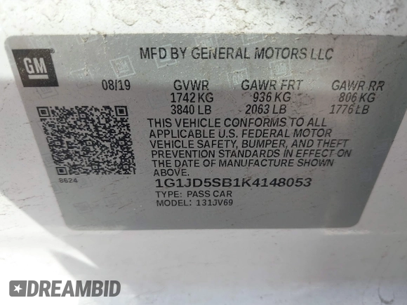 2019 Chevrolet Sonic LT z VIN 1G1JD5SB1K4148053, wystawiony jako IAAI lot #42264914 z przebiegiem 31 333 mil mil oraz . Historia ofert i sprzedaży dostępna na DreamBid. Obrazek 9.
