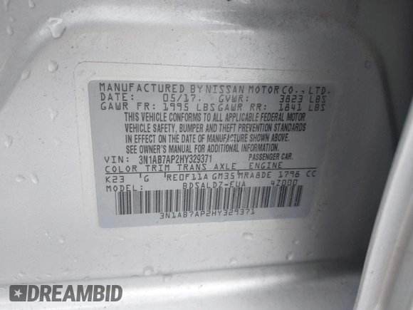 2017 Nissan Sentra SR with VIN 3N1AB7AP2HY329371, listed as a IAAI auction lot 42196614 with 133,284 mi miles and . Bid and sale history available at DreamBid. Image 9.
