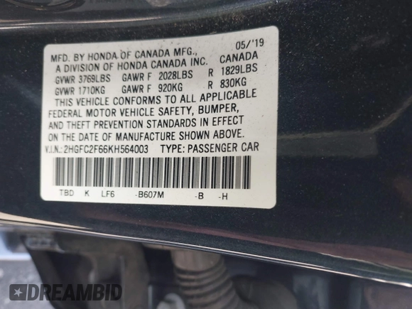 2019 Honda Civic Sedan LX with VIN 2HGFC2F66KH564003, listed as a IAAI auction lot 41675239 with 43,947 mi miles. Bid and sale history available at carsss.com. Image 9.