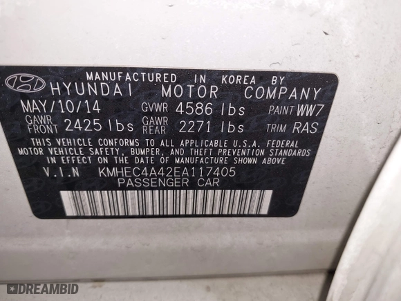 2014 Hyundai Sonata Hybrid with VIN KMHEC4A42EA117405, listed as a IAAI auction lot 41157185 with 74,225 mi miles. Bid and sale history available at carsss.com. Image 9.