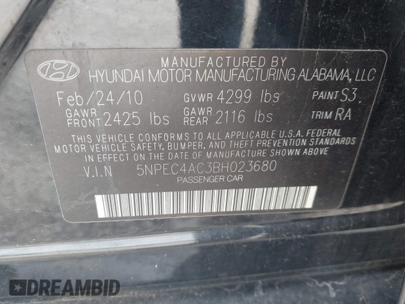 2011 Hyundai Sonata Limited with VIN 5NPEC4AC3BH023680, listed as a IAAI auction lot 42051386 with 170,497 mi miles and . Bid and sale history available at DreamBid. Image 9.