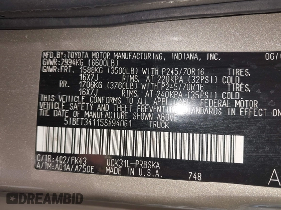 2005 Toyota Tundra SR5 with VIN 5TBET34115S494061, listed as a IAAI auction lot 42307970 with 218,034 mi miles and . Bid and sale history available at DreamBid. Image 9.