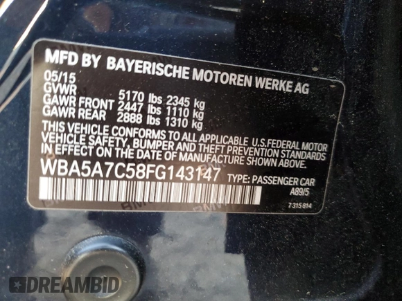 2015 BMW 5 Series 528i xDrive with VIN WBA5A7C58FG143147, listed as a Copart auction lot 52850195 with 130,528 mi miles and Salvage Title. Bid and sale history available at carsss.com. Image 14.