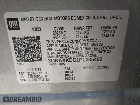 2023 Chevrolet Equinox LT with VIN 3GNAXKEG1PL235402, listed as a IAAI auction lot 41856773 with 22,710 mi miles and . Bid and sale history available at carsss.com. Image 9.
