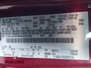 2013 Ford Escape SE with VIN 1FMCU9GX6DUA72355, listed as a IAAI auction lot 41133293 with 113,188 mi miles and . Bid and sale history available at DreamBid. Image 9.