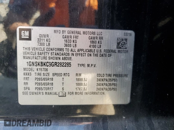 2016 Chevrolet Tahoe LT with VIN 1GNSKBKC9GR282285, listed as a Copart auction lot 54614825 with 252,760 mi miles and Clean Title. Bid and sale history available at DreamBid. Image 12.