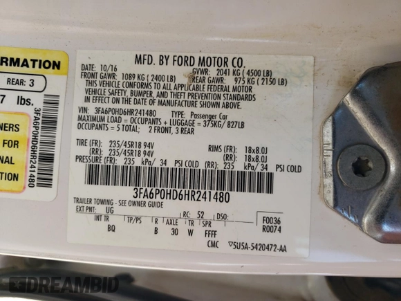 2017 Ford Fusion SE with VIN 3FA6P0HD6HR241480, listed as a Copart auction lot 61533055 with 102,751 mi miles and Clean title. Bid and sale history available at DreamBid. Image 12.