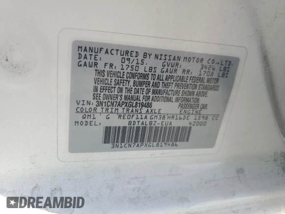 2016 Nissan Versa S with VIN 3N1CN7APXGL819486, listed as a Copart auction lot 57828525 with 179,040 mi miles and Salvage title. Bid and sale history available at DreamBid. Image 12.