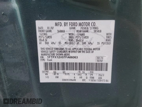 2007 Ford F-150 XL with VIN 1FTPX12V07FA66063, listed as a Copart auction lot 55401245 with 191,104 mi miles and Salvage title. Bid and sale history available at DreamBid. Image 12.