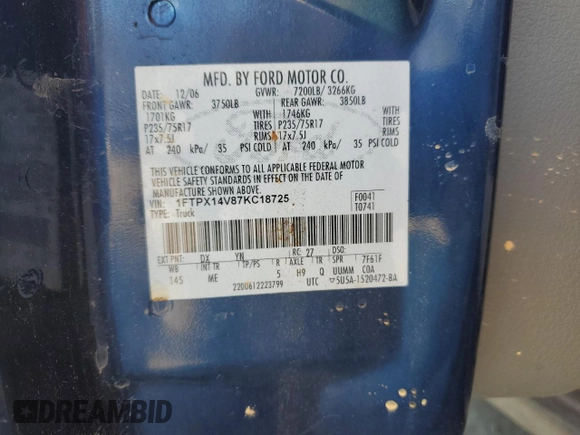2007 Ford F-150 XLT with VIN 1FTPX14V87KC18725, listed as a Copart auction lot 86946664 with 238,544 mi miles and Salvage title. Bid and sale history available at DreamBid. Image 14.