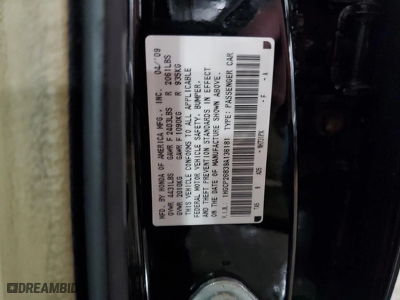 2009 Honda Accord Sdn EX-L with VIN 1HGCP26839A136181, listed as a Copart auction lot 50998135 with 81,935 mi miles and Salvage Title. Bid and sale history available at carsss.com. Image 13.