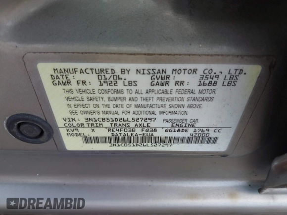 2006 Nissan Sentra z VIN 3N1CC51D26L527297, wystawiony jako IAAI lot #42107478 z przebiegiem Nie podano mil oraz . Historia ofert i sprzedaży dostępna na DreamBid. Obrazek 9.
