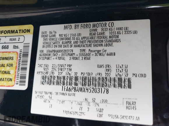 2017 Ford Mustang V6 с VIN 1FA6P8AMXH5203178, выставлен на аукционе IAAI как лот 42124208 с пробегом 145 091 миль миль и . История ставок и продаж доступна на DreamBid. Изображение 9.